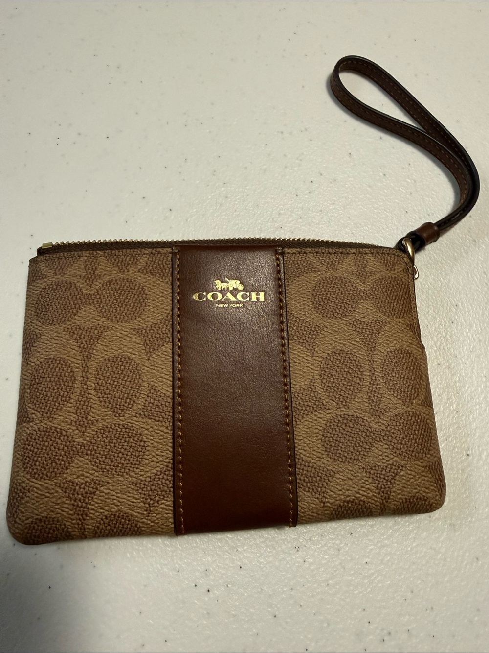 Coach Signature Canvas Wristlet Wallet Brown Zip Pouch w/ Card Slots